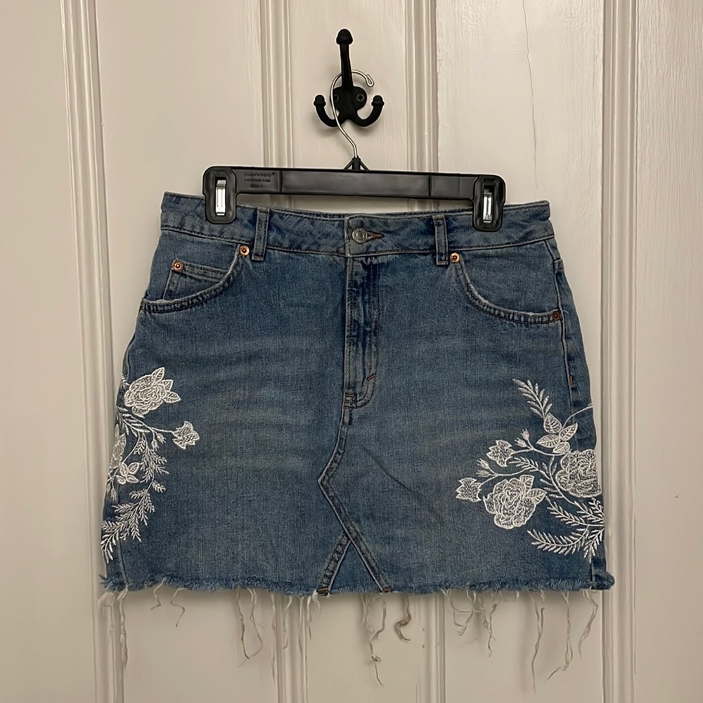 Topshop floral embroidered jean skirt